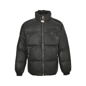 Prada 24ss leather enamel logo stand collar down jacket
