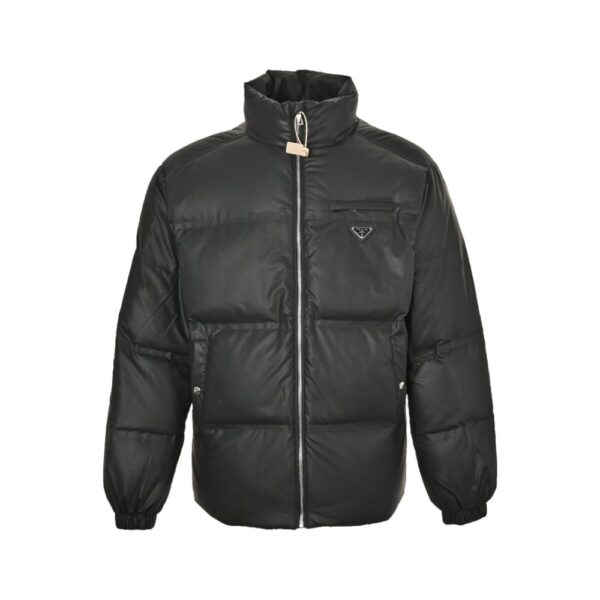 Prada 24ss leather enamel logo stand collar down jacket