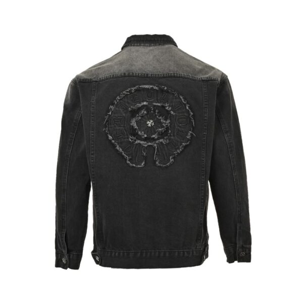 Chrome hearts Sanskrit scroll appliqué washed distressed denim jacket