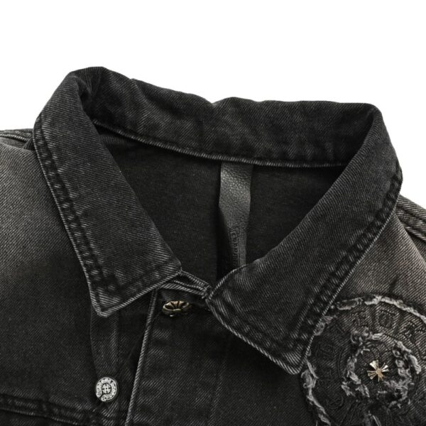 Chrome hearts Sanskrit scroll appliqué washed distressed denim jacket