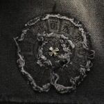 Chrome hearts Sanskrit scroll appliqué washed distressed denim jacket