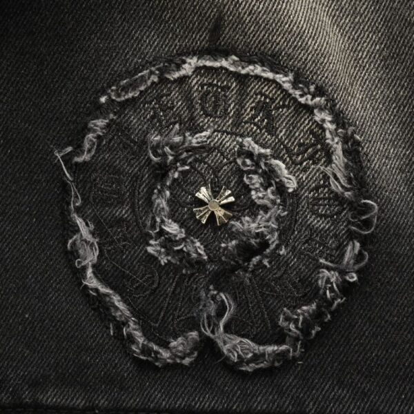Chrome hearts Sanskrit scroll appliqué washed distressed denim jacket