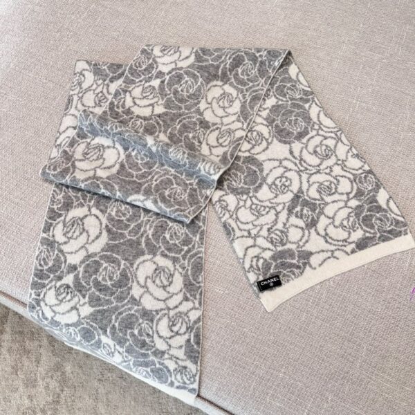Chanel Camellia Scarf Grey White