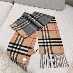 Burberry Colorblock Check Scarf Camel Grey